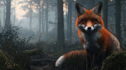 Fototapeta premium Red fox in forest, alert expression