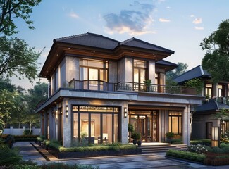 Fototapeta premium Modern Chinese Style Mansion Exterior
