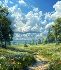 Summer Meadow Path Under a Cloudy Sky