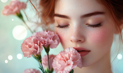 Fototapeta premium Woman with red hair and a pink flower in her hand