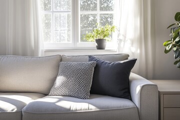 Fototapeta premium Modern Living Room Interior with Stylish Decor and Panoramic Window View