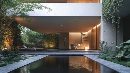 Modern home with a swimming pool and lush greenery.