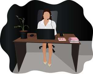 call center in vector, office, the woman working, there are notebook , books, cup, pen, mouse in tne table, flower in a pot, black office