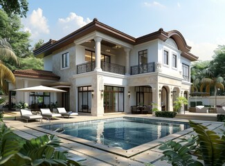 Fototapeta premium Luxury Villa with Pool and Garden Exterior