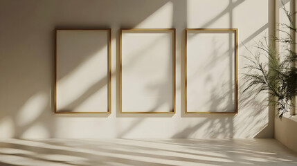 Fototapeta premium Three Golden Frames on a White Wall with Sunlight and Shadows - 3D Render