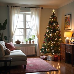 Beautiful Christmas house with New Year tree and decorations. A room decorated in New Year's style with a large Christmas tree. Christmas loft. Christmas home interior with large window and sofa.