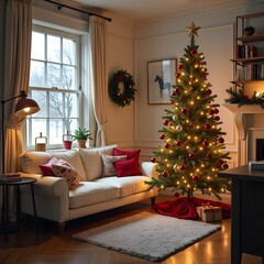 Beautiful Christmas house with New Year tree and decorations. A room decorated in New Year's style with a large Christmas tree. Christmas loft. Christmas home interior with large window and sofa.