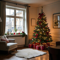 Beautiful Christmas house with New Year tree and decorations. A room decorated in New Year's style with a large Christmas tree. Christmas loft. Christmas home interior with large window and sofa.