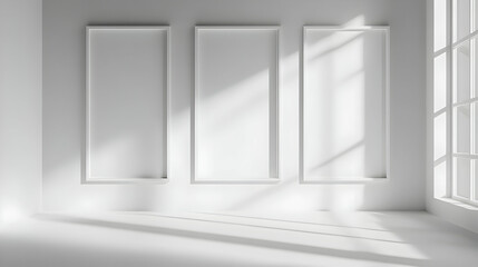 Minimalist White Room Interior Design with Three Frames and Sunlight