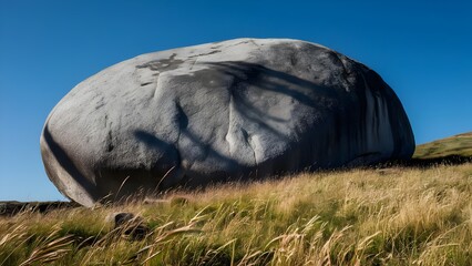 Large smooth boulder in a grassy field under a clear blue sky