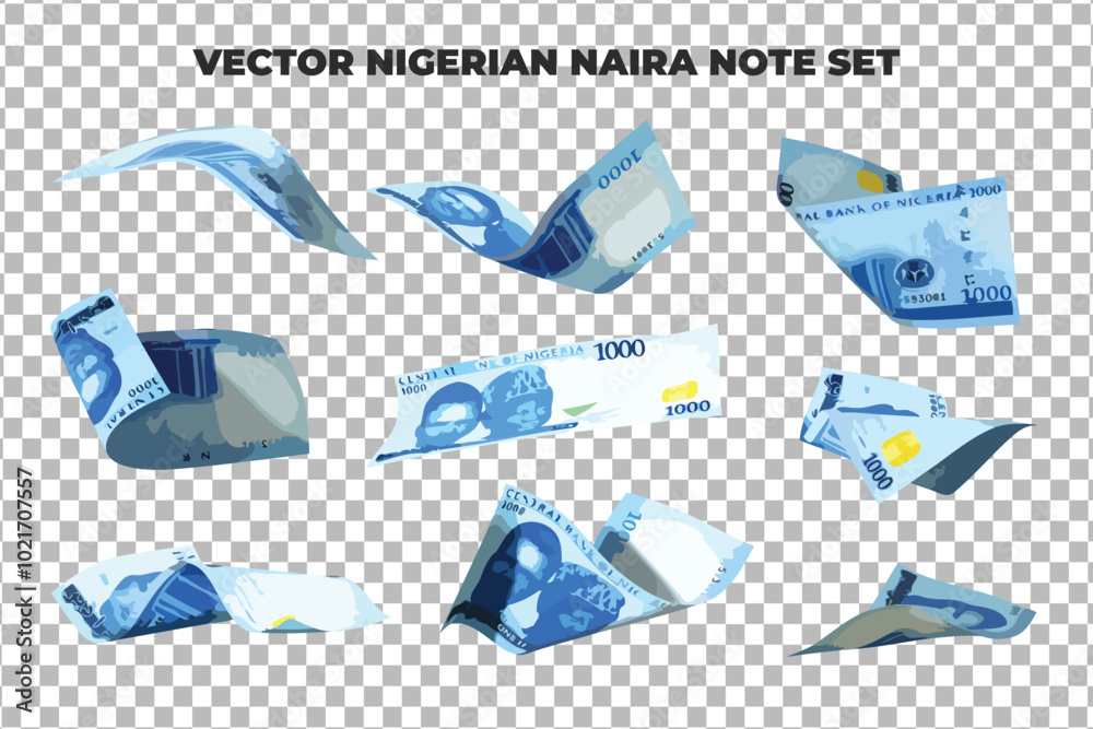 Aufkleber Vector illustration of set of 1000 Nigerian naira notes flying in different angles and orientations. Currency note design in Scalable eps format