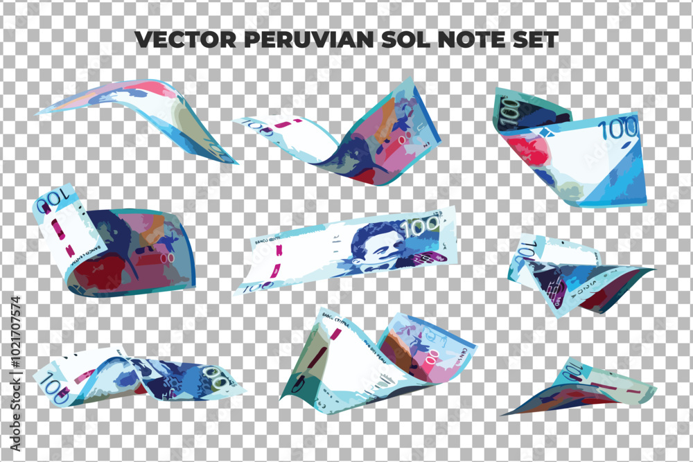Aufkleber Vector illustration of set of 100 Peruvian sol notes flying in different angles and orientations. Currency note design in Scalable eps format Illustrator Artwork