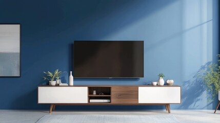 Modern TV Cabinet in Elegant Blue Living Room Interior Design