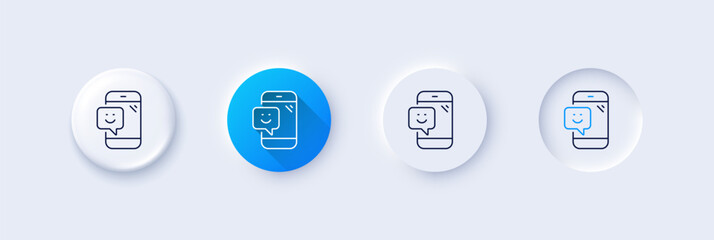 Smile phone line icon. Neumorphic, Blue gradient, 3d pin buttons. Positive feedback rating sign. Customer satisfaction symbol. Line icons. Neumorphic buttons with outline signs. Vector