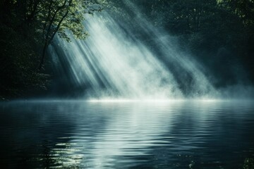 Ethereal Light Beams Through Dark Misty Forest