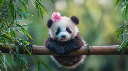 Obraz premium A panda bear with a pink flower on its head is sitting on a bamboo branch, looking at the camera