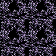 Seamless pattern with purple toadstools. Watercolor illustration of magic mushrooms in a realistic style on a black background. Template design element for Halloween prints, fairy tales