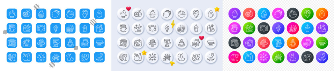 Tea cup, Orange and Hot water line icons. Square, Gradient, Pin 3d buttons. AI, QA and map pin icons. Pack of Juice, Food delivery, Cake icon. Mint leaves, Acorn, Cupcake pictogram. Vector