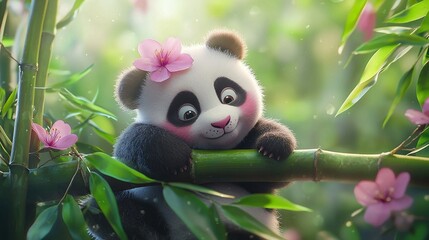   A small panda bear perched on a bamboo tree, adorned with pink blossoms on its head and eyes