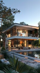 Obraz premium Modern Wooden House by a Pool at Dusk