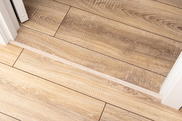 Threshold of the interior door. Thin flexible threshold on laminate