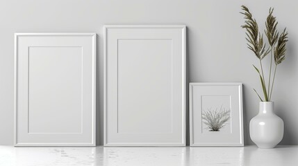 Three white frames on a white table against a white wall with a plant in a vase on the right