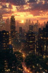 Obraz premium City Skyline at Sunset Illustration