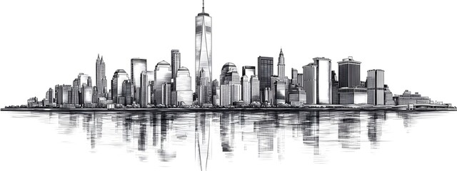 Black and white vector illustration of the New York City skyline, on a white background, with a minimalistic design featuring clean lines and a simple drawing style