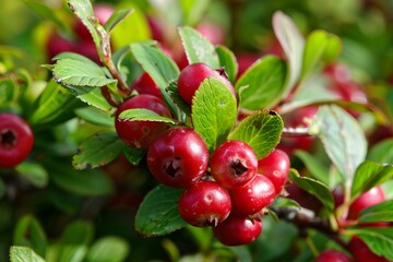 Obraz premium Cotoneaster branch with red berries is growing in a garden
