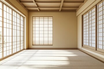 Zen Japanese Living Room Interior with Modern Furniture on Cream Wall