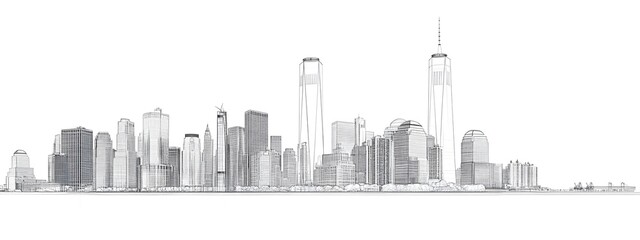 Naklejka premium Black and white vector illustration of the New York City skyline, on a white background, with a minimalistic design featuring clean lines and a simple drawing style