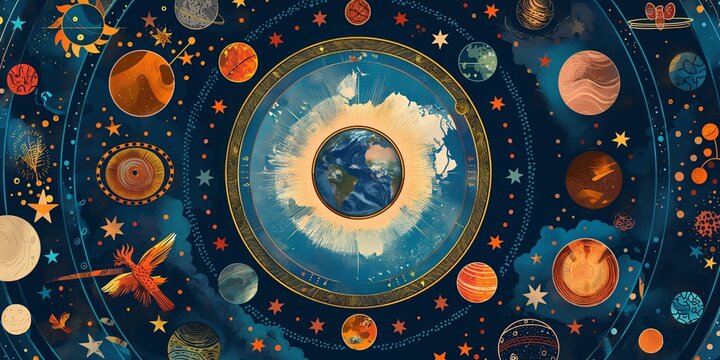 Creative illustration of the geocentric model showcasing Earth at the center surrounded by planets, stars, and decorative cosmic elements