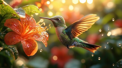 Naklejka premium Hummingbird hovers, wings glistening with dew, flower in foreground