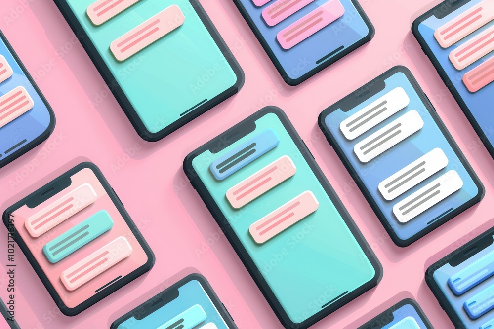 Poster multiple smartphones showcase colorful stories and short clips on a bright pink surface, engaging us