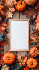 A blank white board with fall-themed decorations, such as leaves and pumpkins