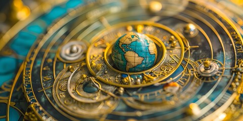 Close-up view of a detailed geocentric model featuring a miniature Earth globe, surrounded by celestial spheres and intricate astronomical symbols.