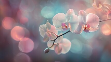   A close-up of a pink and white flower on a branch with a blurry boke and light background
