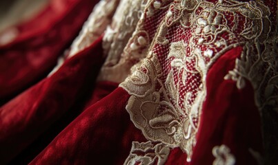 A red dress with gold embroidery and lace