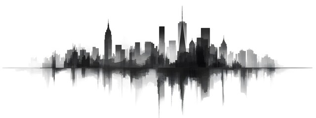 Naklejka premium Black and white vector illustration of the New York City skyline, on a white background, with a minimalistic design featuring clean lines and a simple drawing style