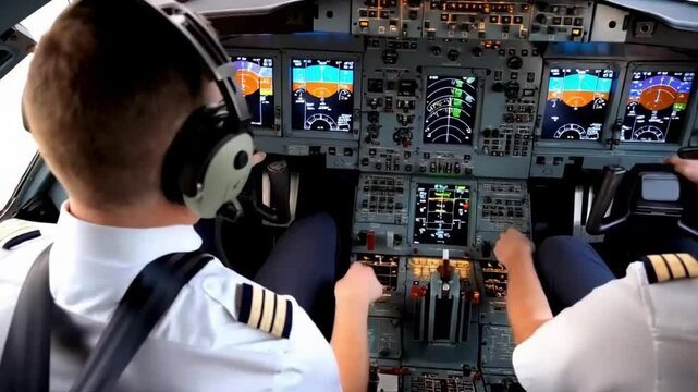 Flight Deck of modern passenger jet aircraft. Pilots at work. Cloudy sky and sunset view from the airplane cockpit