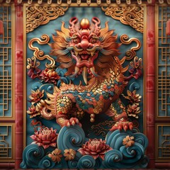 Chinese Dragon Statue Illustration with Intricate Details