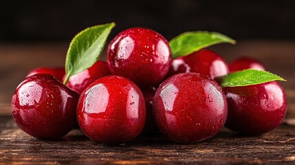 Fresh red plums with green leaves on wooden surface.
