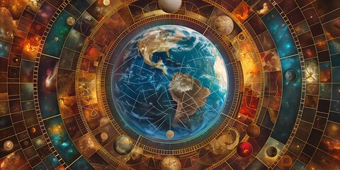 Fototapeta premium Creative illustration of Earth encircled by cosmic elements and intricate celestial symbols. A blend of vibrant colors and detailed patterns forms a unique planetary representation