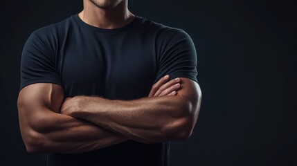 Fototapeta premium Close-up of a muscular male arm in a black T-shirt sleeve, isolated on a dark background with ample copy space, emphasizing strength and fitness