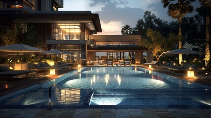 Luxury Poolside Evening View of Modern Villa