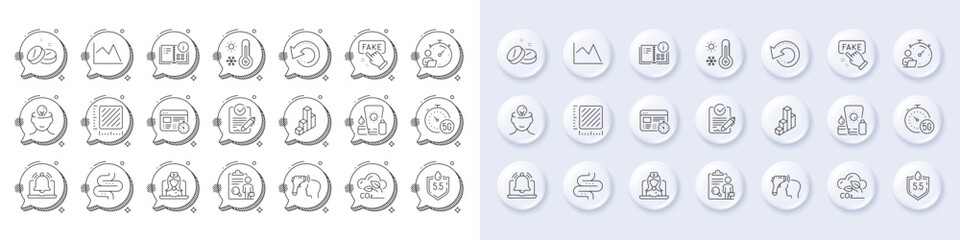 Sunscreen, Ph neutral and Fake information line icons. White pin 3d buttons, chat bubbles icons. Pack of Instruction info, Timer, Medical tablet icon. Web timer, Intestine, Reminder pictogram. Vector