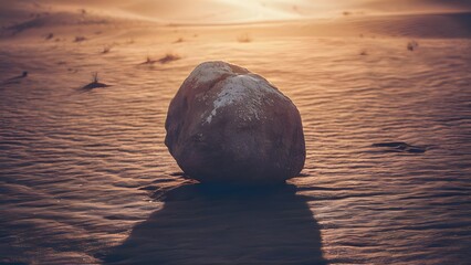 Large boulder on sand dunes at sunset with dramatic sky