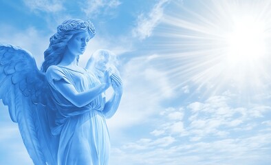 Obraz premium A blue angel with wings and a crown is standing in front of a blue sky. angel is surrounded by a bright light, which gives the image a sense of hope and positivity. heavenly concept. Blue background