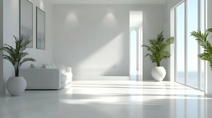 Modern Living Room 3D Render: White Interior Design with Palm Trees and Sunlight