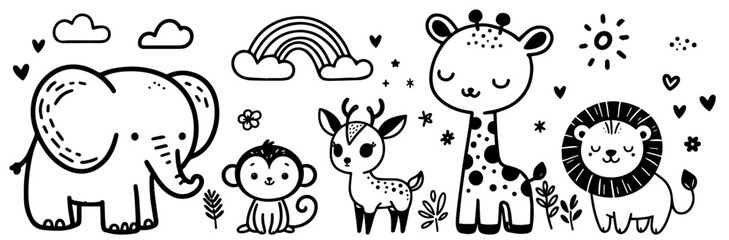 adorable jungle animals with clouds, sun, and plants in black vector © Luka